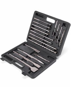 17pcs SDS-Plus Shank Rotary Hammer Drill Bits and Chisels Set Carbide-Tipped Bits w/ Storage Case for Concrete, Masonry, Stone, Brick, Cement,Compatib