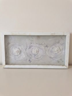 White Shadow Box 3D Fabric Rose Wall Art, Farmhouse Floral Decor