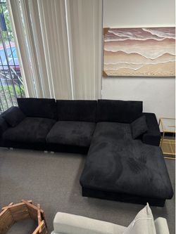 Brand New Black Corduroy L-Shaped Sectional Sofa
