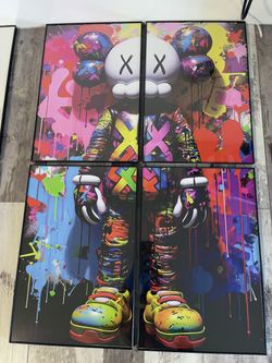 4 Piece Modern KAWS Art Picture Poster Print With Borderless Glass Frames
