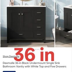 36-in Black Undermount Single Sink Bathroom Vanity with White Top and Five Drawers