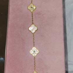 Genuine Mother of Pearl & White Sapphire Clover Bracelet 