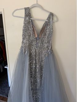 Silver Sequined Formal Gown with Blue Tulle Overlay