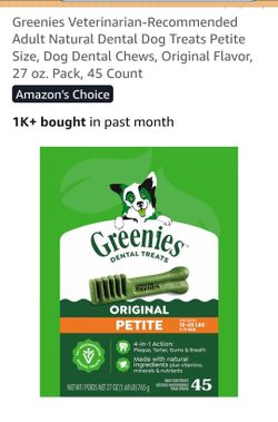 Greenies Veterinarian-Recommended
Adult Natural Dental Dog Treats Petite
Size, Dog Dental Chews, Original Flavor
27 oz. Pack, 45 Count
