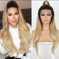 Human hair blend lace front golden brown to blonde wig.
