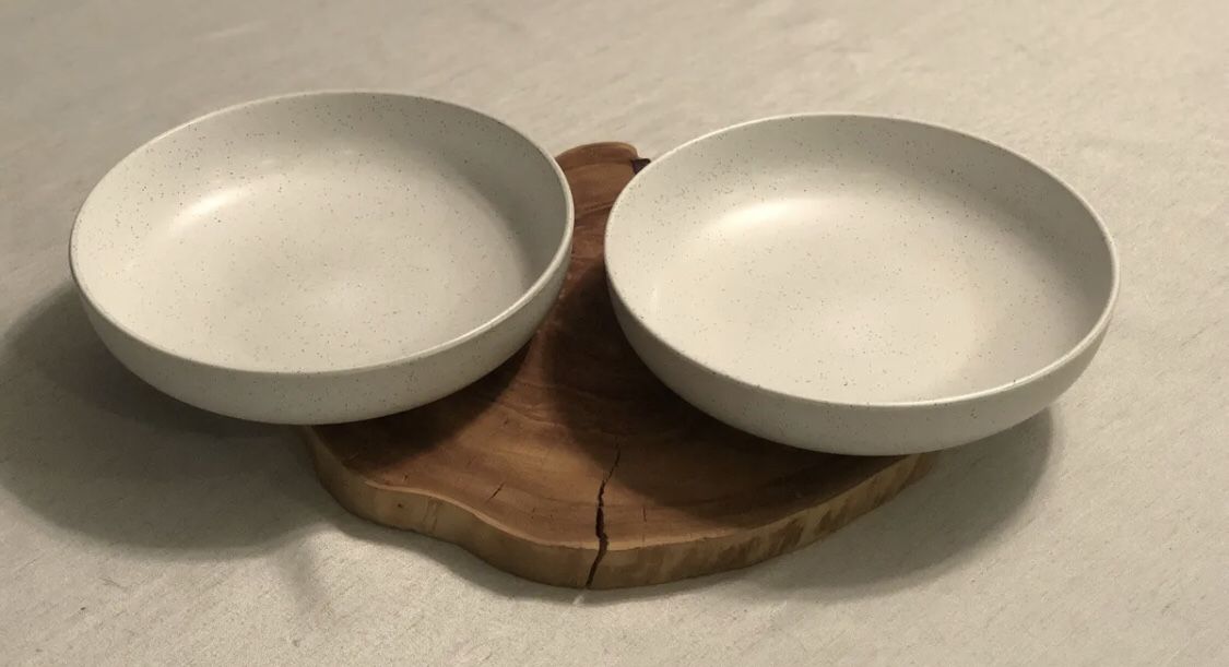SOHO LOFT ROC PASTA SALAD BOWLS SET OF 2 SPECKLED OATMEAL COLORED STONEWARE HTF