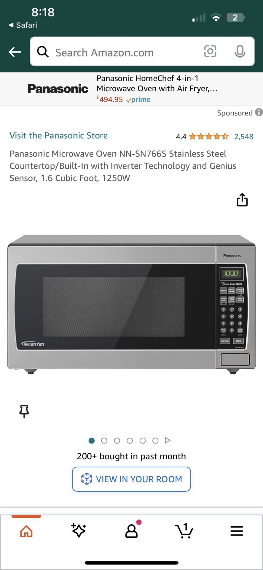 Panasonic Microwave Oven NN-SN766S Stainless Steel Countertop/Built-In with Inverter Technology and Genius Sensor, 1.6 Cubic Foot, 1250W