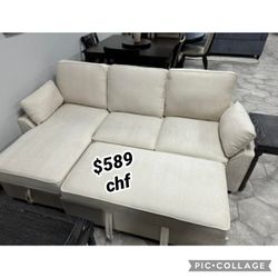 91"W Beige Chenille REVERSIBLE Sleeper Sectional with Storage Chaise, 
