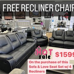3PC Black Sofa & Loveseat + Free Recliner Chair 