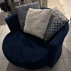 Large Blue Velvet Swivel Cuddle Chair