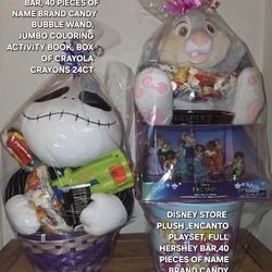 Easter baskets with disney store plushies, dolls,nerf guns,Backpacks,coloring books, Crayola crayons