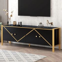 71” Black & Gold Modern Designer TV / Media Stand w/ Storage Cabinets [NEW IN BOX] **Retails for $300