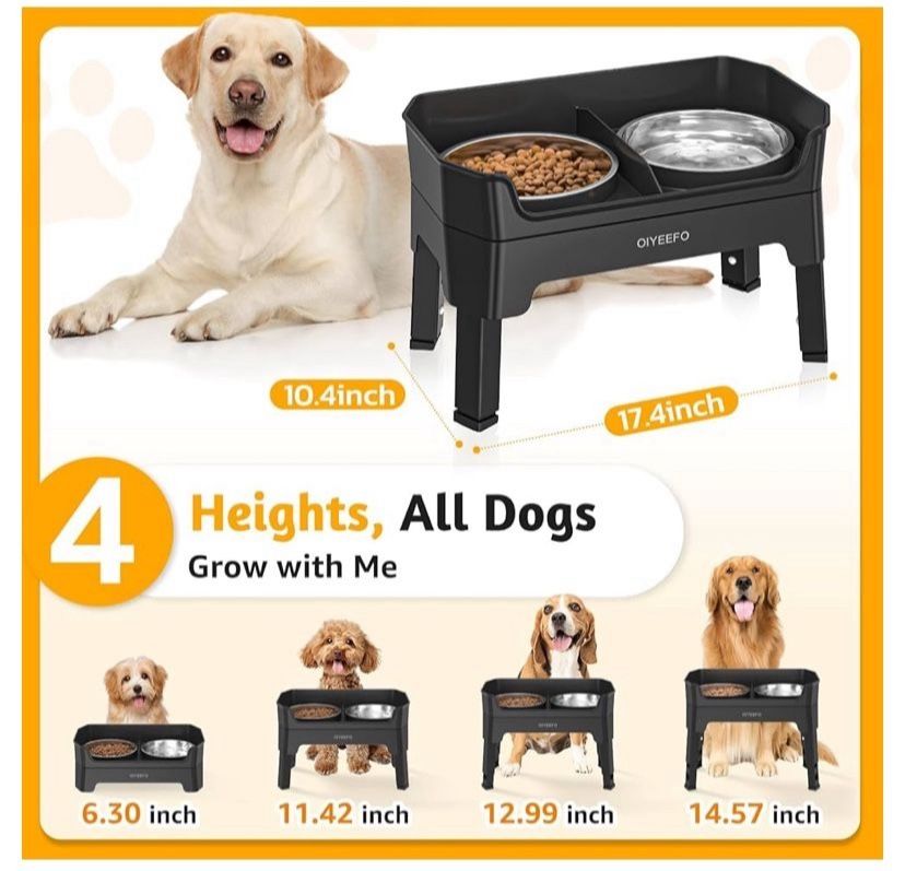 3 in 1 Elevated Dog Bowls Mess Proof: Raised Dogs Bowls - 4 Height Adjustable Dogs Bowl Stand with 2 * 53oz Stainless Steel Dog Food Bowl and Licking
