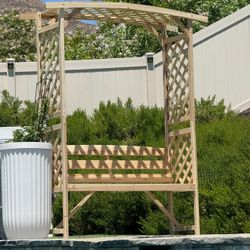 Patio Garden Bench Arbor Arch with Pergola And 2 Trellises, 3 Seat Natural Wooden Outdoor Bench for Grape Vines & Climbing Plants, Backyard 