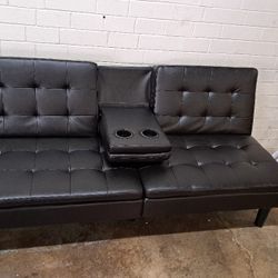 New Futon Sofa With Cup Holders Faux Leather Brown Dimensions Pictures 