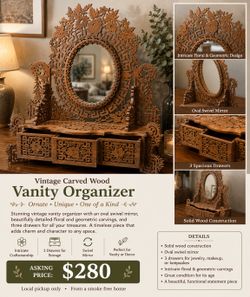 🌸 Vintage Hand-Carved Wooden Vanity Mirror & Jewelry Chest 🌸