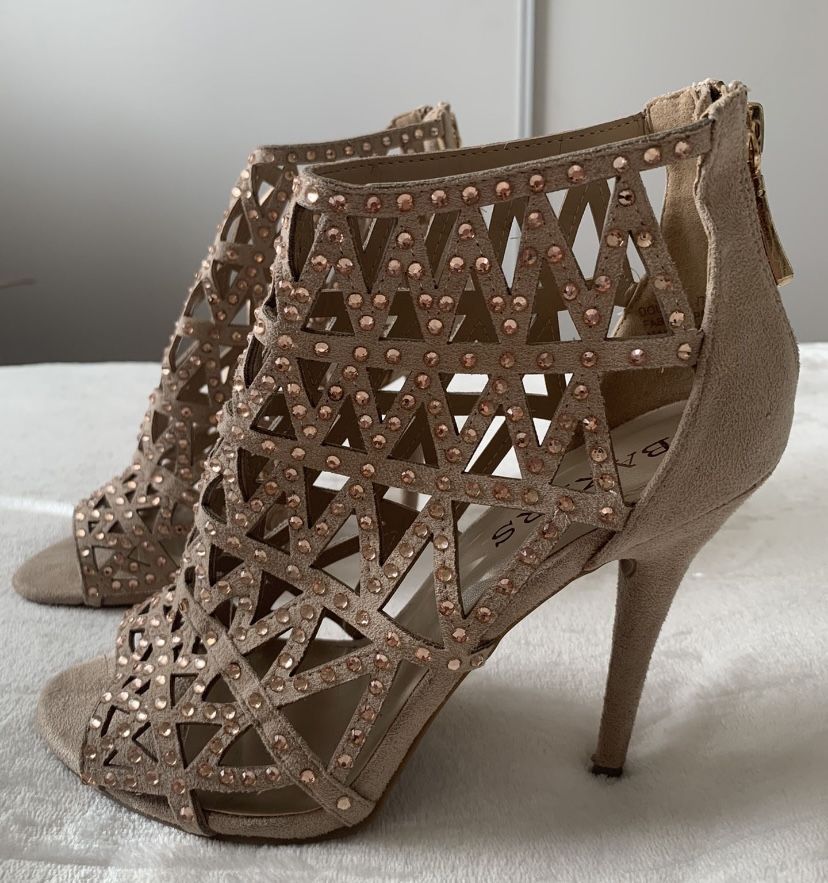 Bakers, Dolleen Caged Ankle Bootie, Open Toe, Color: Nude With Light Pink Rhinestones, Size: 7.5