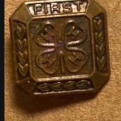 Vintage Bronze Square Small 4-H Club Pin Metal FIRST Mini Tiny Clover 4 H