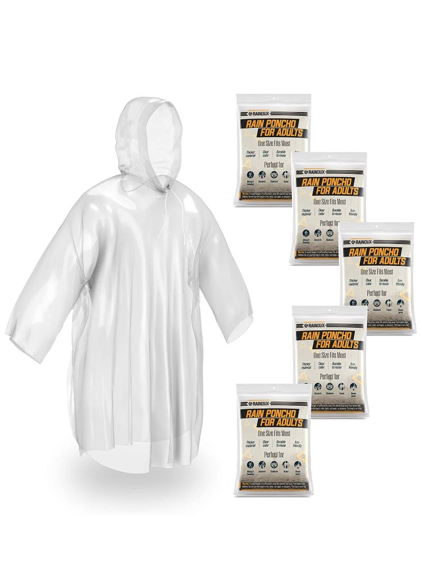 5 Pack Disposable Rain Ponchos for Adults – Clear Emergency Raincoat with Drawstring Hood | Perfect Rain Gear for Camping, Hiking, Concerts and Them