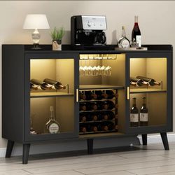 Wine Bar Cabinet with LED Light, Home Coffee Cabinet with Wine and Glass Holder, Kitchen Buffet with Storage Shelves, Freestanding Drinks Cabinet  