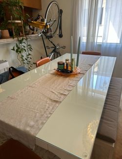 CB2 Aqua Virgo 72" Rectangular White Dining Table w/ Custom Glass Top