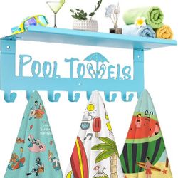 IBosins Pool Towel Rack with Shelf, Outdoor 8 Hooks Towel Holder Wall Mounted, Towel Hanger for Hanging Bathrobes, Towels, Clothes - Perfect Pool Area