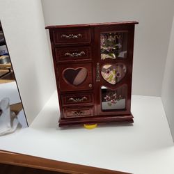Vintage Cherry Wood Jewelry Box With Photo Frame