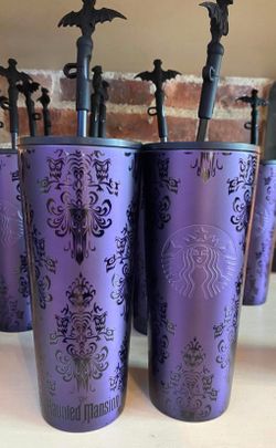 Disney Parks x Starbucks Haunted Mansion Tumbler – Purple Wallpaper, Bat Straw Topper