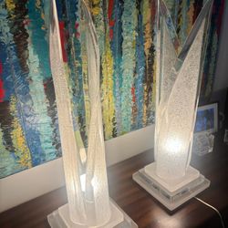 1960’s Mid- Century . Pair of vintage Hollywood Regency crackled Lucite freeform sculpture table lamps.  31” high , 10” square base . $700  for both