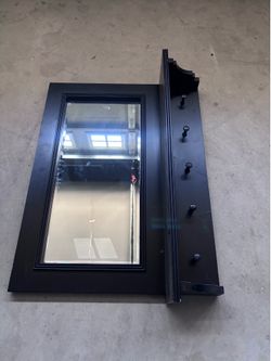 Solid wood framed mirror with hooks/shelf