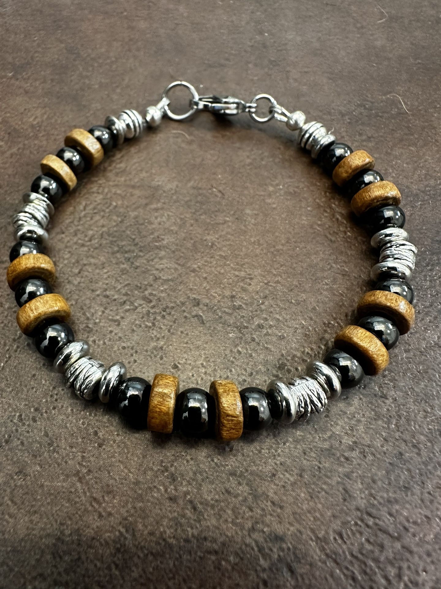 Black Hematite and Silver Beaded Bracelet with Brown Accents