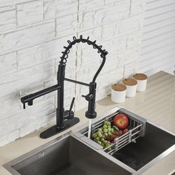 Kitchen Sink Faucet Pull Down Sprayer Swivel With Deck Plate Matte Black