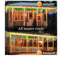 131 Ft 1280 LED Icicle Outdoor String Lights Multicolor Waterproof Christmas Curtains Lights 8 Modes Twinkle Function For Holiday Decoration 