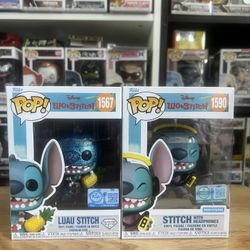 2 LIMITED EDITION Stitch Funko Pops w/ Headphones Luau #1567 #1590 Disney LE