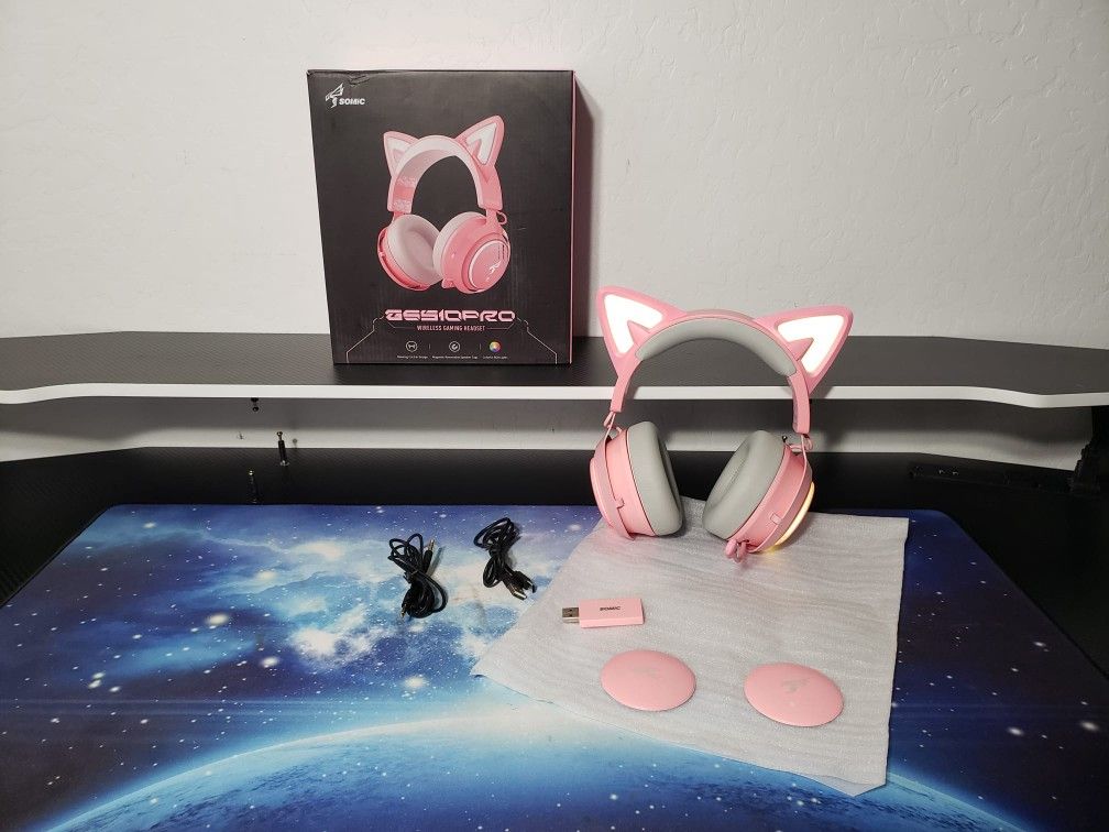 New SOMIC Cat Ear Headphones, 2.4G/Bluetooth Wireless Gaming Headset for PS5, PS4, PC W/ RGB Lights and Retractable Mic, 10Hrs Playtime, 7.1 Surround