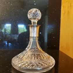 Waterford Crystal Lismore Ships Decanter With Stopper Liquor Bottle With Sterling Silver Collar Gothic Etching