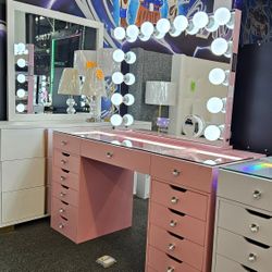 Brand New Vanity Pink 13 Drawers W/ LED Light On Desk & XL HOLLYWOOD MIRROR $1179 FREE VANITY CHAIR