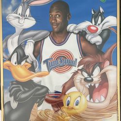 Official Vintage 1996 Space Jam framed poster featuring Michael Jordan and Looney Toons characters.   Size is 16 x 20  poster!  Really great condition