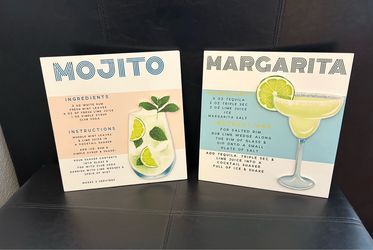 SET OF 2! “Margarita & Mojito” Recipes Wood Wall Hanging Plaques / Decor / Bar / Kitchen