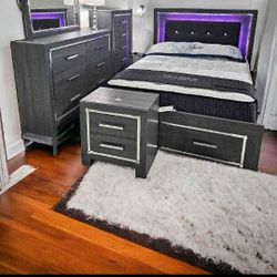 Lodanna Gray LED Footboard Storage Bedroom Set Queen Or King Set Bed, Dresser, Mirror, Nightstand, Chest 