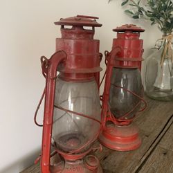 2 Vintage Red Oil Lamps Antique  Price For Both