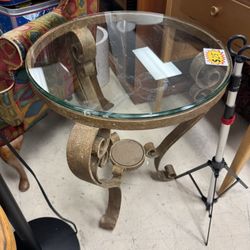 Glass And Iron Round  Side Table -  26” 