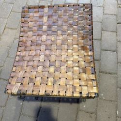 Folding footrest/bench made of leather and metal, 16” wide x 20” long x 16” high