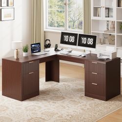 FURSUN 69" Executive L Shaped Desk, Wood Corner Executive Computer Desk with Power Outlets & Storage Drawers, Large Office Desk Workstation for Home, 