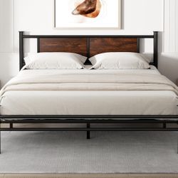 Queen Size Bed Frame with Rustic Wood Headboard, Metal Heavy Duty Platform Frame, Sturdy Steel Slat Support, No Box Spring Needed, Black