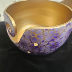 Beautiful Hand-Painted Ceramic Yarn Bowl – Purple Floral & Gold Interior
