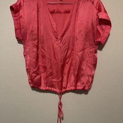 HALI BOB, Women’s Pink Salmon Shortsleeve V Neck Tie Front Shirt, Size M