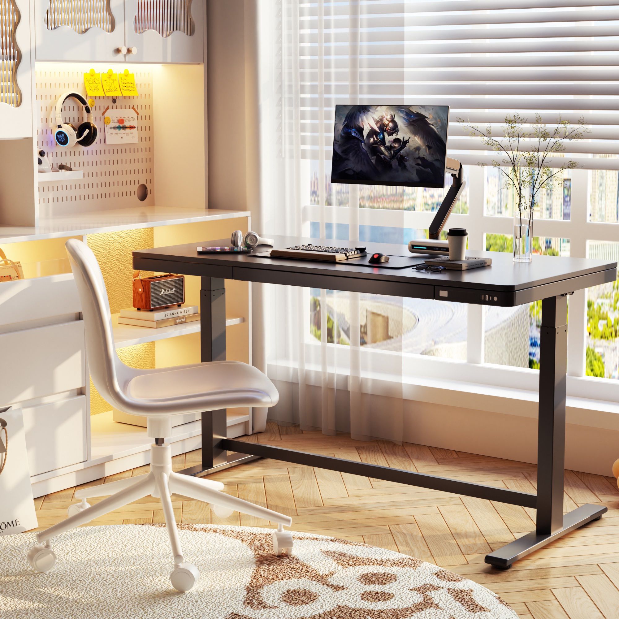 NEW 55” Black Electric Standing Desk with Drawer, Charging Ports, Height Adjustable Office Desk