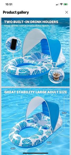 Pool Float with Canopy - Inflatable Pool Floaties Adult Lounger Floats Raft Floating Chair with Cup Holders for Swimming Pool Lake Water Lounge Float 