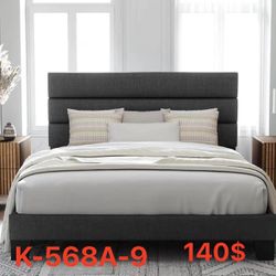 King Bed Frame Platform Bed with Fabric Upholstered Headboard and Wooden Slats Support（K-568-9）